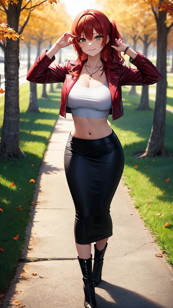 masterpiece, best quality, high detail, 1girl, beautiful woman, wavy hair, light brown hair, low ponytail, messy hair, hair ornament, large bust, red leather jacket, crop top, black maxi pencil skirt, long black skirt:1.3, leather boots, midriff, necklace, bracelet, collarbone, autumn, trees, leaves on ground, park, garden, stone, sidewalk, full body, looking at viewer, hand on hip, hand on head, raised hip, walking, stylish pose, dynamic pose, light smile, atmospheric, moody