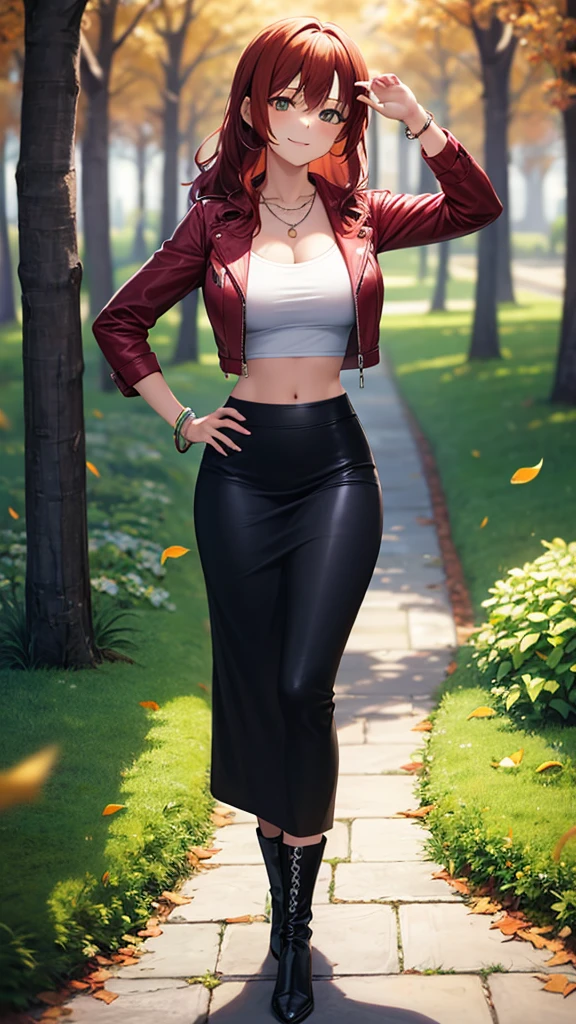 masterpiece, best quality, high detail, 1girl, beautiful woman, wavy hair, light brown hair, low ponytail, messy hair, hair ornament, large bust, red leather jacket, crop top, black maxi pencil skirt, long black skirt:1.3, leather boots, midriff, necklace, bracelet, collarbone, autumn, trees, leaves on ground, park, garden, stone, sidewalk, full body, looking at viewer, hand on hip, hand on head, raised hip, walking, stylish pose, dynamic pose, light smile, atmospheric, moody