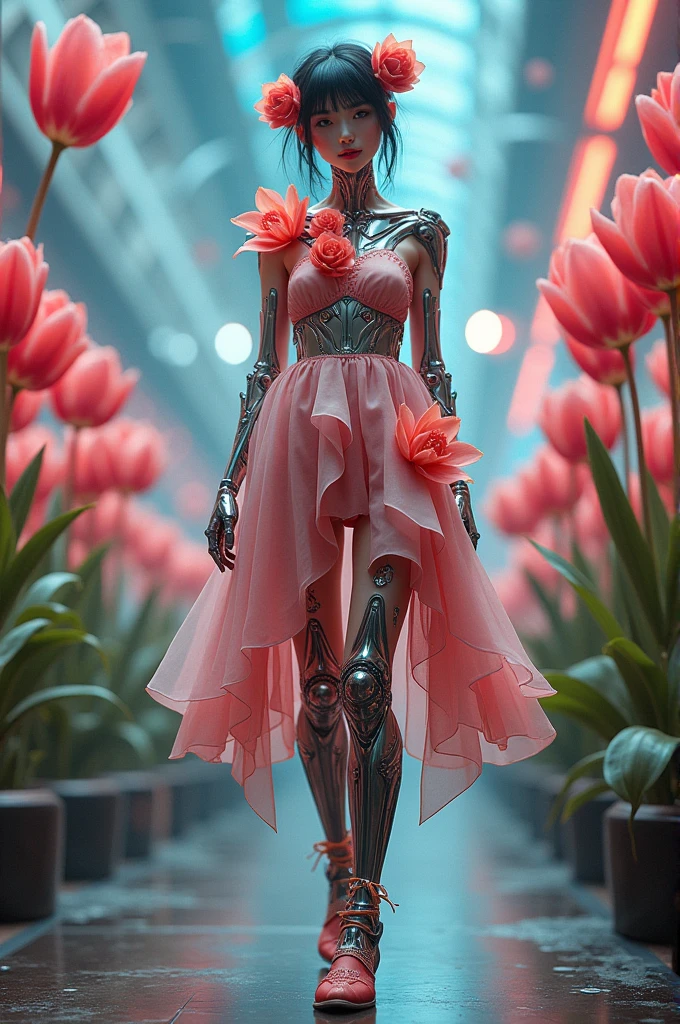 (3D，Mechanical feel，cute，ais-scrapyrd 1girl，tulip)，(使用广角镜头拍摄whole body图像:1.9)，(masterpiece:1.1)，(Highest quality:1.1)，(HDR:1.0)，Ambient Light，Ultra high quality，(Ultra-detailed original illustrations)，(1 Girl，whole body)，(彩虹tulip花裙)，(Slender thighs)，(由tulip花朵制成的鞋子: 1.5)，((Harajuku Fashion))，((Flowers with human eyes，Eye disease))，Double Exposure，Fusion of Fluid Abstract Art，Fault，(Original illustration composition)，(Limited color blending，Extreme art style，Geometric artstyle), , Colorful neon lights，High-tech mechanical parts，Metal body，(详细的振金tulip花朵设计:1.9)，Vibrant colors，动态发光tulip花朵，Reflective metal surface，Bright environment，Dynamic poses，Exquisite existence，Skills Improvement，Interlocking mechanical gears，Stylish design，motion blur effect，Detailed metal treatment，Sci-fi atmosphere，Streamlined aerodynamic shape，Laser scanning pattern，Holographic projection，LED light track，Beautiful and unforgettable，Advanced sensors，Complex algorithms，Ominous and mysterious atmosphere，Electric Spark，Shiny chrome，Propulsion systems of the future，(Best quality，8k，high resolution，masterpiece:1.2)，Super detailed，(whole body:1.8), magazine photography，一个cute的女孩形象，Popular on social platforms，((Dopamineism))，(((Dopamine color matching)))，Dopamine，(in the style of Y2K)，Luo Erchun，3D古风，Oriental poetry and painting