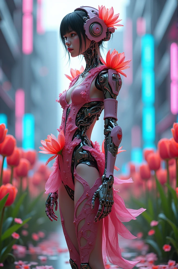 (3D，Mechanical feel，cute，ais-scrapyrd 1girl，tulip)，(使用广角镜头拍摄whole body图像:1.9)，(masterpiece:1.1)，(Highest quality:1.1)，(HDR:1.0)，Ambient Light，Ultra high quality，(Ultra-detailed original illustrations)，(1 Girl，whole body)，(彩虹tulip花裙)，(Slender thighs)，(由tulip花朵制成的鞋子: 1.5)，((Harajuku Fashion))，((Flowers with human eyes，Eye disease))，Double Exposure，Fusion of Fluid Abstract Art，Fault，(Original illustration composition)，(Limited color blending，Extreme art style，Geometric artstyle), , Colorful neon lights，High-tech mechanical parts，Metal body，(详细的振金tulip花朵设计:1.9)，Vibrant colors，动态发光tulip花朵，Reflective metal surface，Bright environment，Dynamic poses，Exquisite existence，Skills Improvement，Interlocking mechanical gears，Stylish design，motion blur effect，Detailed metal treatment，Sci-fi atmosphere，Streamlined aerodynamic shape，Laser scanning pattern，Holographic projection，LED light track，Beautiful and unforgettable，Advanced sensors，Complex algorithms，Ominous and mysterious atmosphere，Electric Spark，Shiny chrome，Propulsion systems of the future，(Best quality，8k，high resolution，masterpiece:1.2)，Super detailed，(whole body:1.8), magazine photography，一个cute的女孩形象，Popular on social platforms，((Dopamineism))，(((Dopamine color matching)))，Dopamine，(in the style of Y2K)，Luo Erchun，3D古风，Oriental poetry and painting