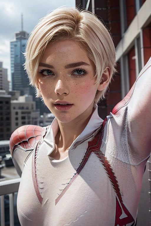 18 yo girl, white spider man suit, short blunt hair, blonde, beautiful face, rain, roof, masterpiece, intricate detail, perfect anatomy, redhead, photo realistic