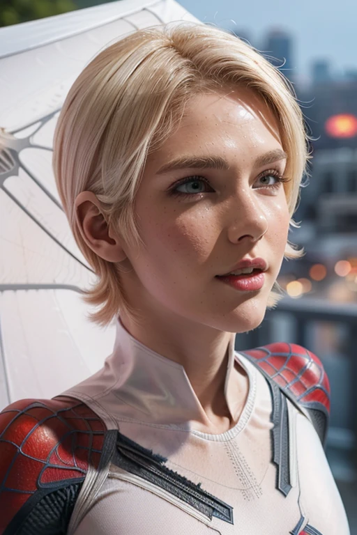 18 yo girl, white spider man suit, short blunt hair, blonde, beautiful face, rain, roof, masterpiece, intricate detail, perfect anatomy, redhead, photo realistic