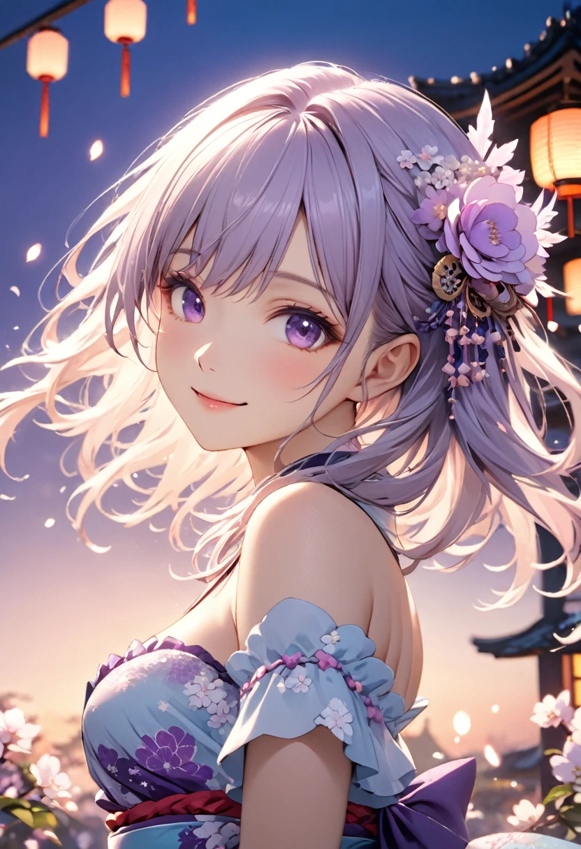 Highest quality, Highest quality, 16K, Unbelievably absurd, Very detailed, 2.5D, delicate and dynamic,pale,Cool colors,A Kind World,evening,Fantasy,One Girl,18-year-old,purple,Japanese culture,sexy,smile,Cute,Upper Body