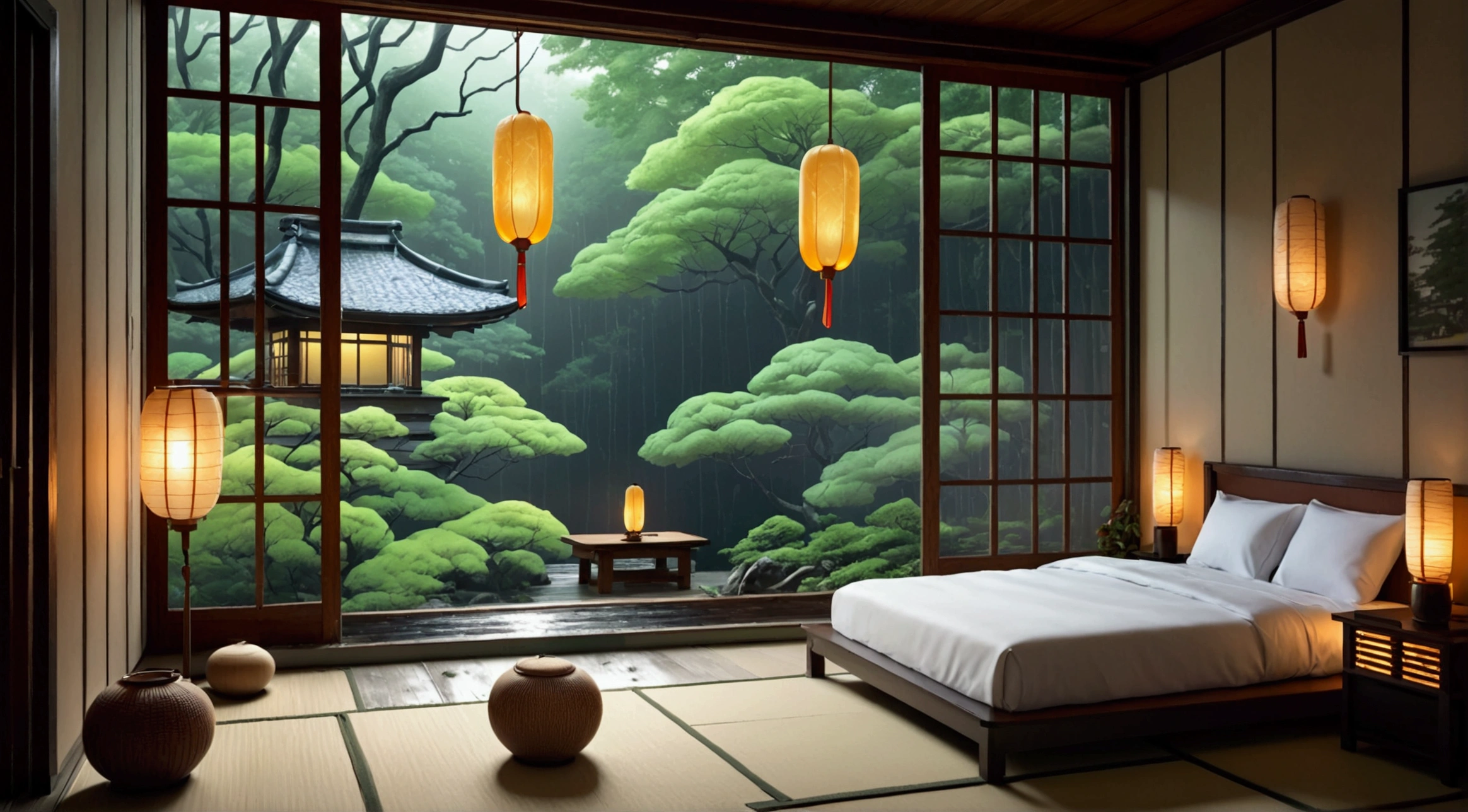 bed in bedroom next to window, image, inspired by Gregory Crewdson, digital art, Japanese onsen, tranquil forest night view, balcony, late summer evening