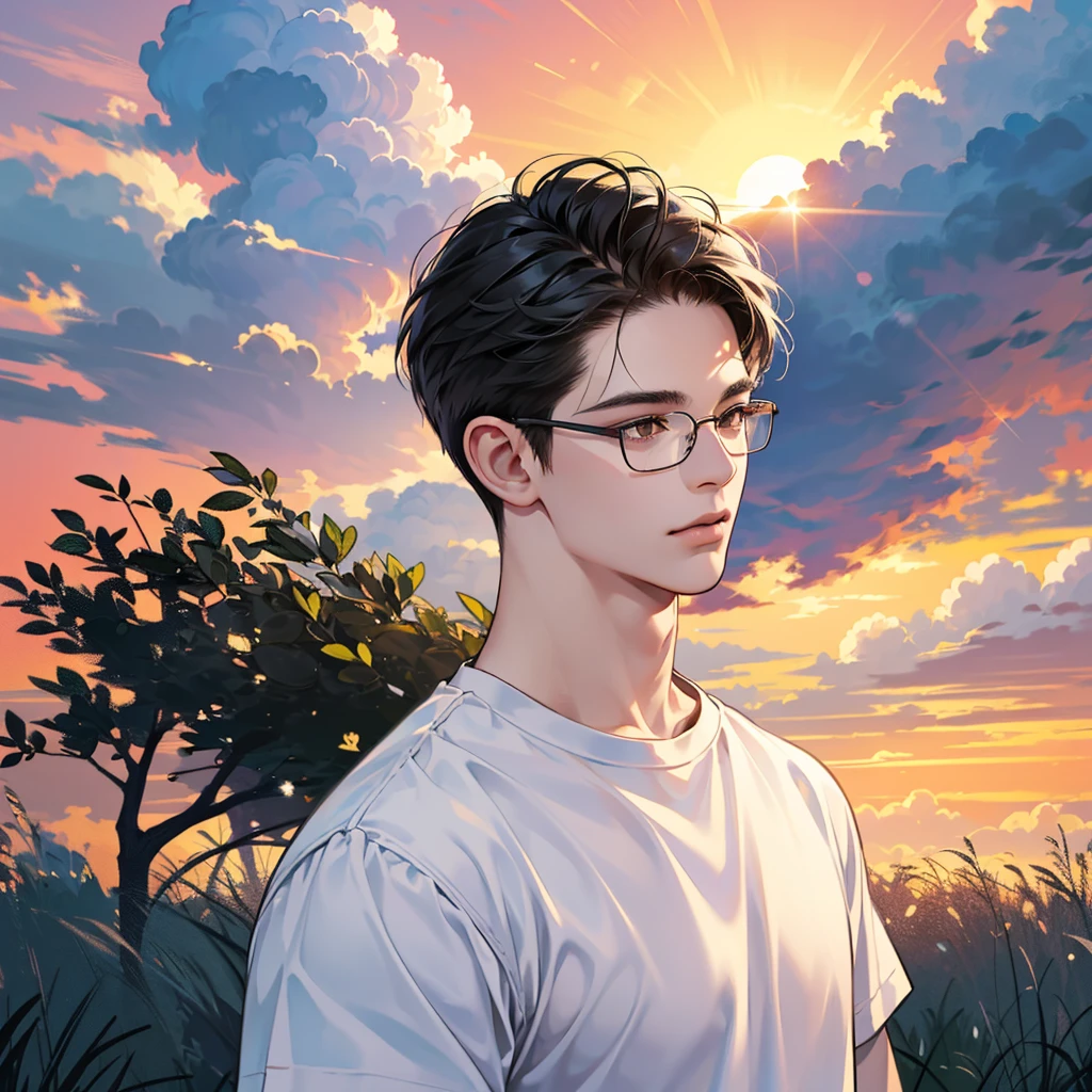 (absurdres, highres, ultra detailed, realistic, ), 1 boy,, solo, short black hair, white T-shirt,brown eyes, (glasses),looking at the sky, sunset sky background, ultra - detailed, best quality, Detailed diagram, vectorized, 8K, Graphic design, vector lines, Full-HD,full body