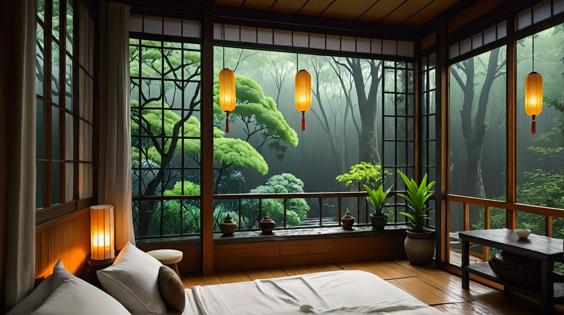 bed in bedroom next to window, image, inspired by Gregory Crewdson, digital art, Japanese onsen, tranquil forest night view, balcony, late summer evening