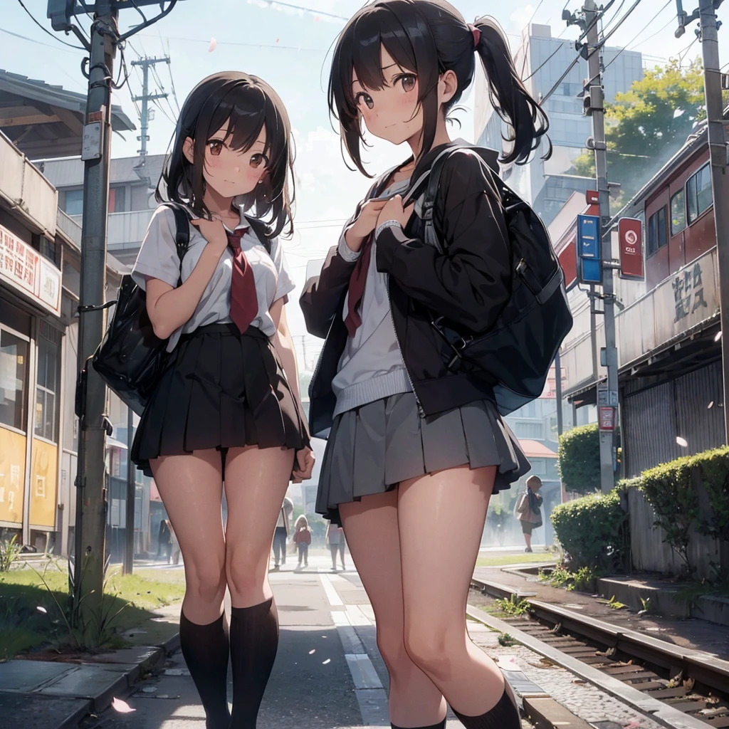 A melancholic scene of high school students saying goodbye at the train station. The sky is overcast, hinting at an impending rain. One student, with tears in their eyes, clutches a letter close to their chest. Another student stands with a sad smile, their hand raised in a hesitant wave. The station is slightly worn, with a nostalgic atmosphere. Background details include a distant train approaching, a few scattered cherry blossom petals on the ground, and the muted colors of the station signs. The overall mood is bittersweet, capturing the emotions of a heartfelt farewell.