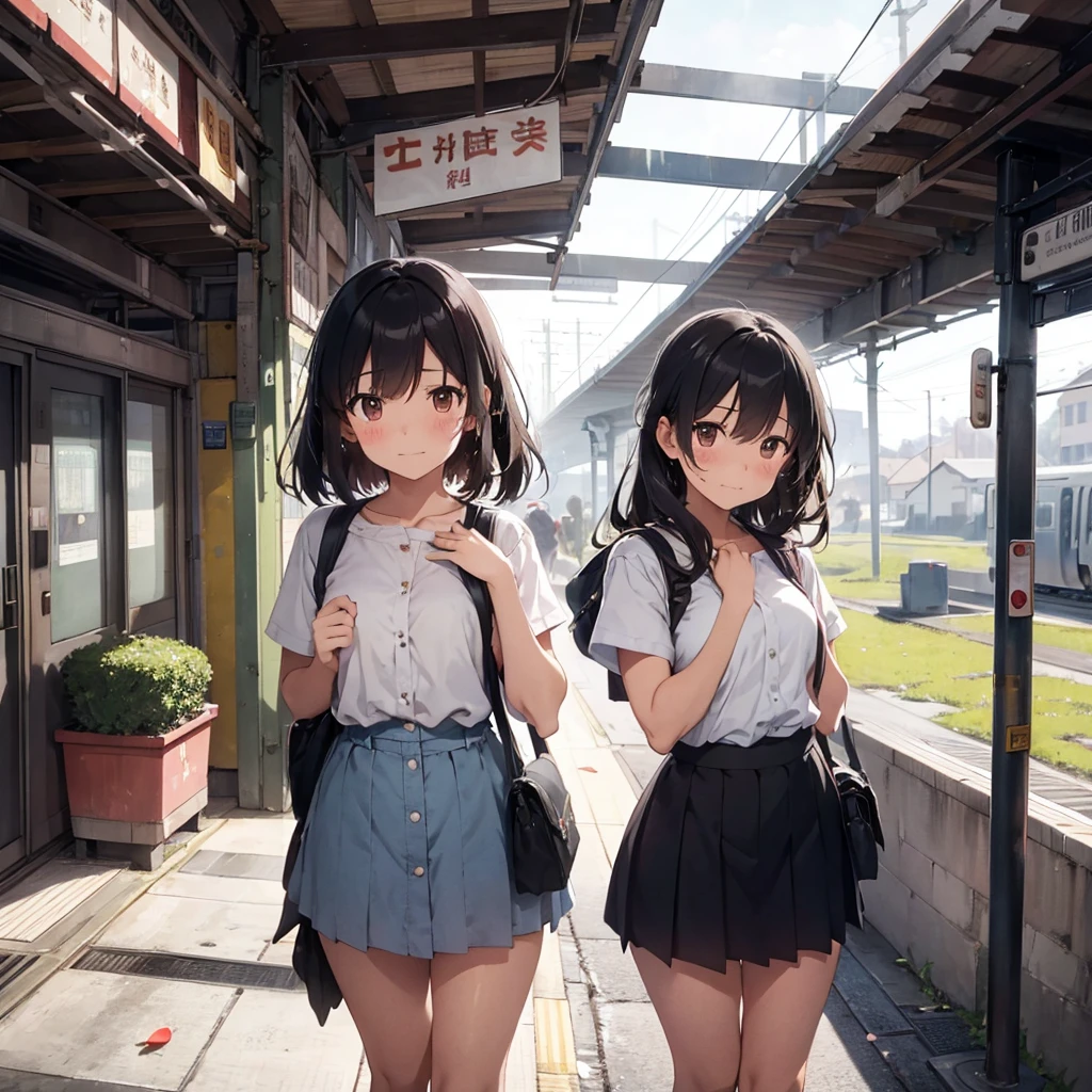 A melancholic scene of high school students saying goodbye at the train station. The sky is overcast, hinting at an impending rain. One student, with tears in their eyes, clutches a letter close to their chest. Another student stands with a sad smile, their hand raised in a hesitant wave. The station is slightly worn, with a nostalgic atmosphere. Background details include a distant train approaching, a few scattered cherry blossom petals on the ground, and the muted colors of the station signs. The overall mood is bittersweet, capturing the emotions of a heartfelt farewell.
