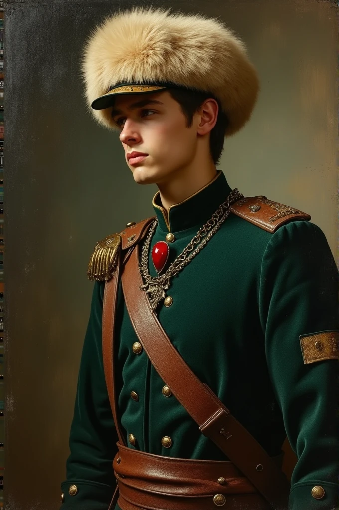 {{Masterpiece, best quality, oil painting, by Franz von Stuck, male focus, muted colors}}, the composition is: (((a dramatic half body portrait of a 20 years old ancient Roman soldier, sexy, magnificent, wearing a beige Russian fur hat, he is wearing a red diamond shape pendant))). ((((He is wearing a dark green lorica uniform made of velvet, alligator leather, with ronin inspired elements, Slavic inspired elements, wearing a satin sash))).