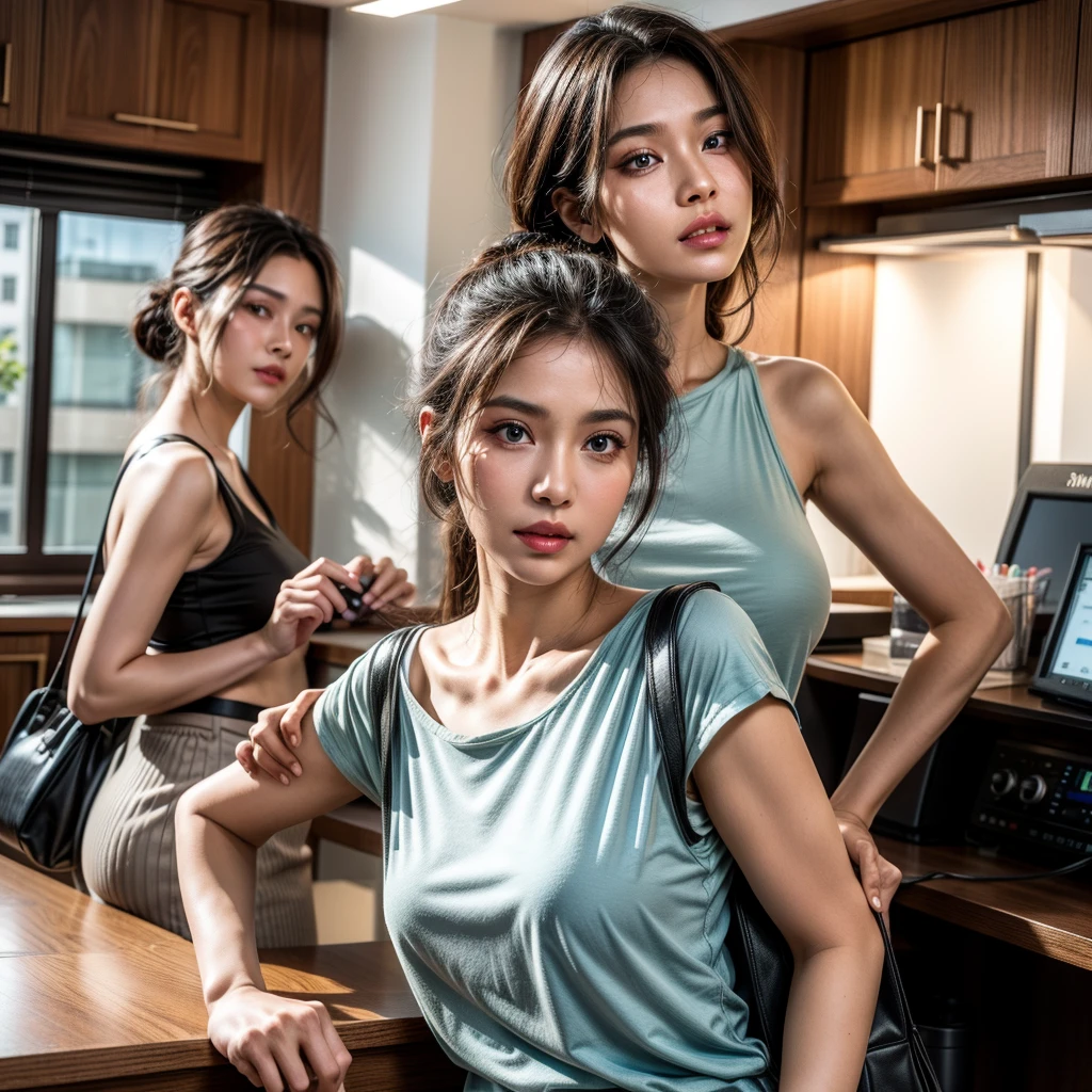 a woman and a woman standing in front of a counter with a blue bag, beautiful detailed eyes, beautiful detailed lips, extremely detailed eyes and face, long eyelashes, office, student, contest winner, discovered photo, in house, cg society contest winner, sumatraism, wpol and sarasti, in pif, in background, in the background, old picture, portrait, foto, (best quality,4k,8k,highres,masterpiece:1.2),ultra-detailed,(realistic,photorealistic,photo-realistic:1.37),HDR,UHD,studio lighting,ultra-fine painting,sharp focus,physically-based rendering,extreme detail description,professional,vivid colors,bokeh