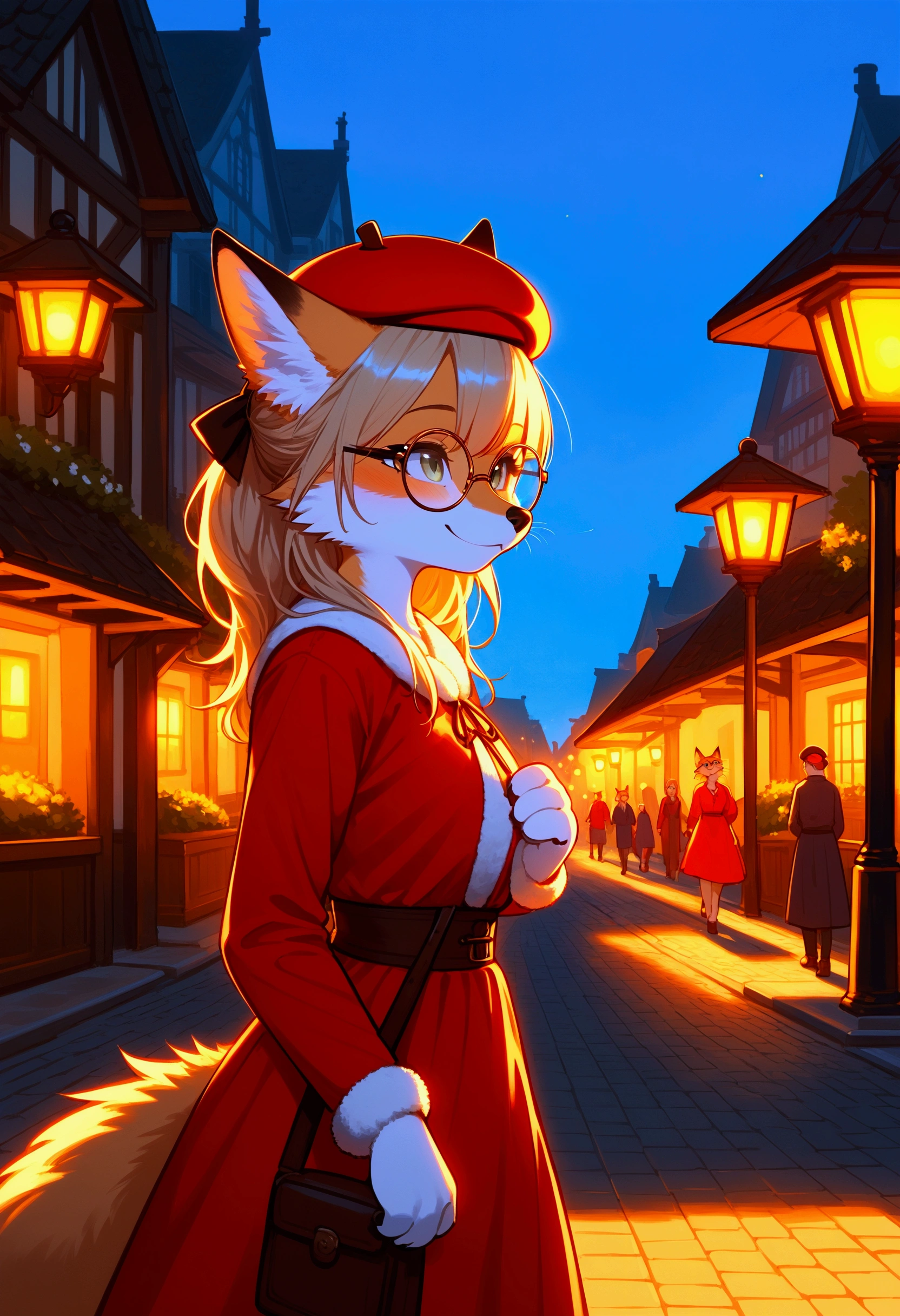 Furry fox, solo, red fur, smooth fur, bottom and side view, woman, happy, dressed in a long red dress, on her head a red beret with a small pompom, round-framed glasses, a beautiful umbrella, spinning on the street, French street, not high houses, morning, bright lighting, clear weather, paw beans, excellent quality, depth of field