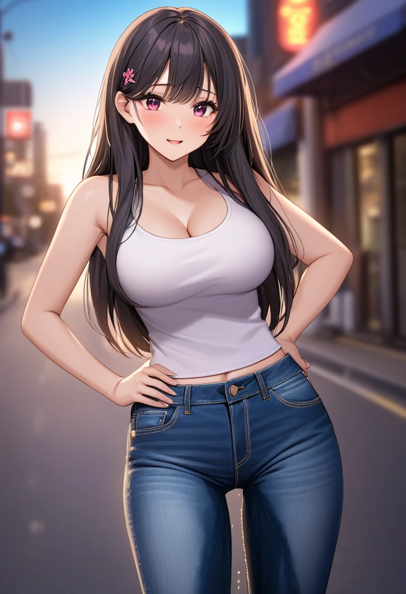 woman, (Iris Heart:1.5), purple hair, very long hair, pink eyes, long hair, large breasts, (standing:1.5), jeans, (wetting herself:1.5), best quality, ultra-detailed, HDR, studio lighting, professional, vivid colors, sharp focus, bokeh, landscape, neon lights, soft lighting, dynamic shadows, facing viewer, (hands on hips:1.5)