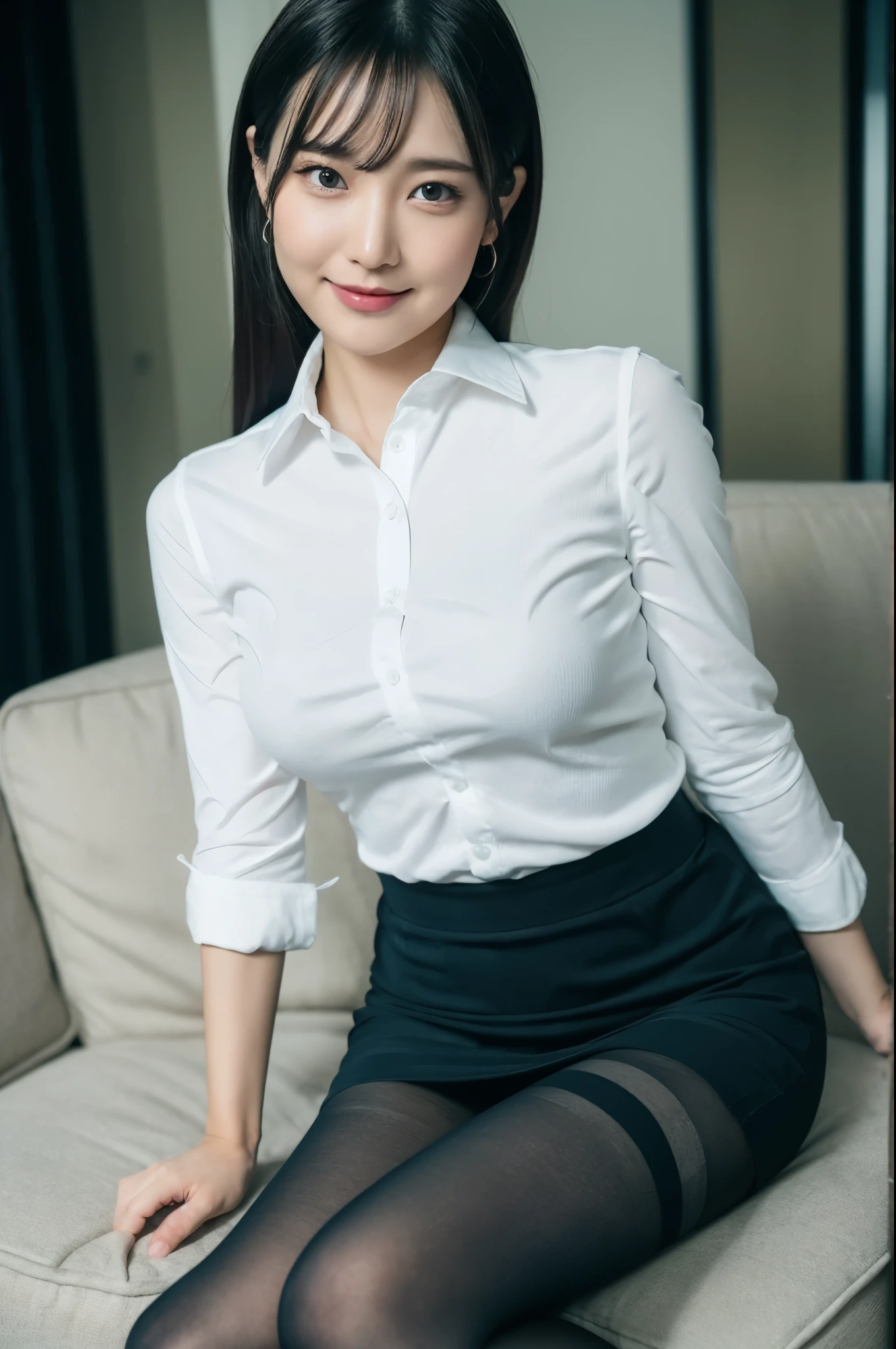 There is an office lady sitting cross-legged on the sofa, (Wearing pantyhose,Realistic Pantyhose)、Skirt and thighs、wearing a vest、White ultra-thin shirt、in a strict suit, Poses variadas, 30 year old female, 3 0 years old woman, 165 cm tall, Full legs、A smile、Raw photo, (8K、top-quality、masterpiece:1.2)、(intricate detailes:1.4)、(Photorealsitic:1.4)、octane renderings、Complex 3D rendering ultra detail, studio lights, Rim Lights, vibrant detail, super detailing, realistic skin textures, Detail Face, Beautiful detail eyes, Very detailed CG Unity 16k wallpaper, make - up, (detailedbackground:1.2), shinny skin、Exposed thighs!!!、