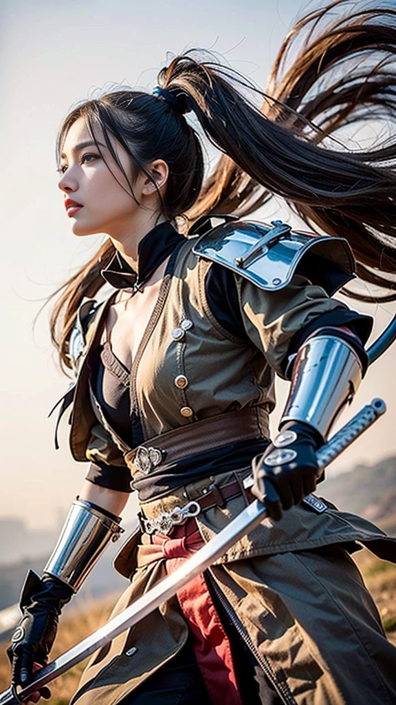 (Highest quality,High resolution,masterpiece:1.2),(mechanical:1.4,Hydraulic cylinder:1.2),Samurai Armor,Japanese sword,beautiful girl,Twin tails,Silver Hair,Realistic,photoRealistic:1.37,photo shoot,Very detailed,hyper-Realistic textures,whole body,battlefield