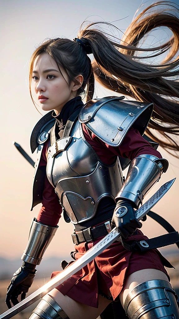 (Highest quality,High resolution,masterpiece:1.2),(mechanical:1.4,Hydraulic cylinder:1.2),Samurai Armor,Japanese sword,beautiful girl,Twin tails,Silver Hair,Realistic,photoRealistic:1.37,photo shoot,Very detailed,hyper-Realistic textures,whole body,battlefield