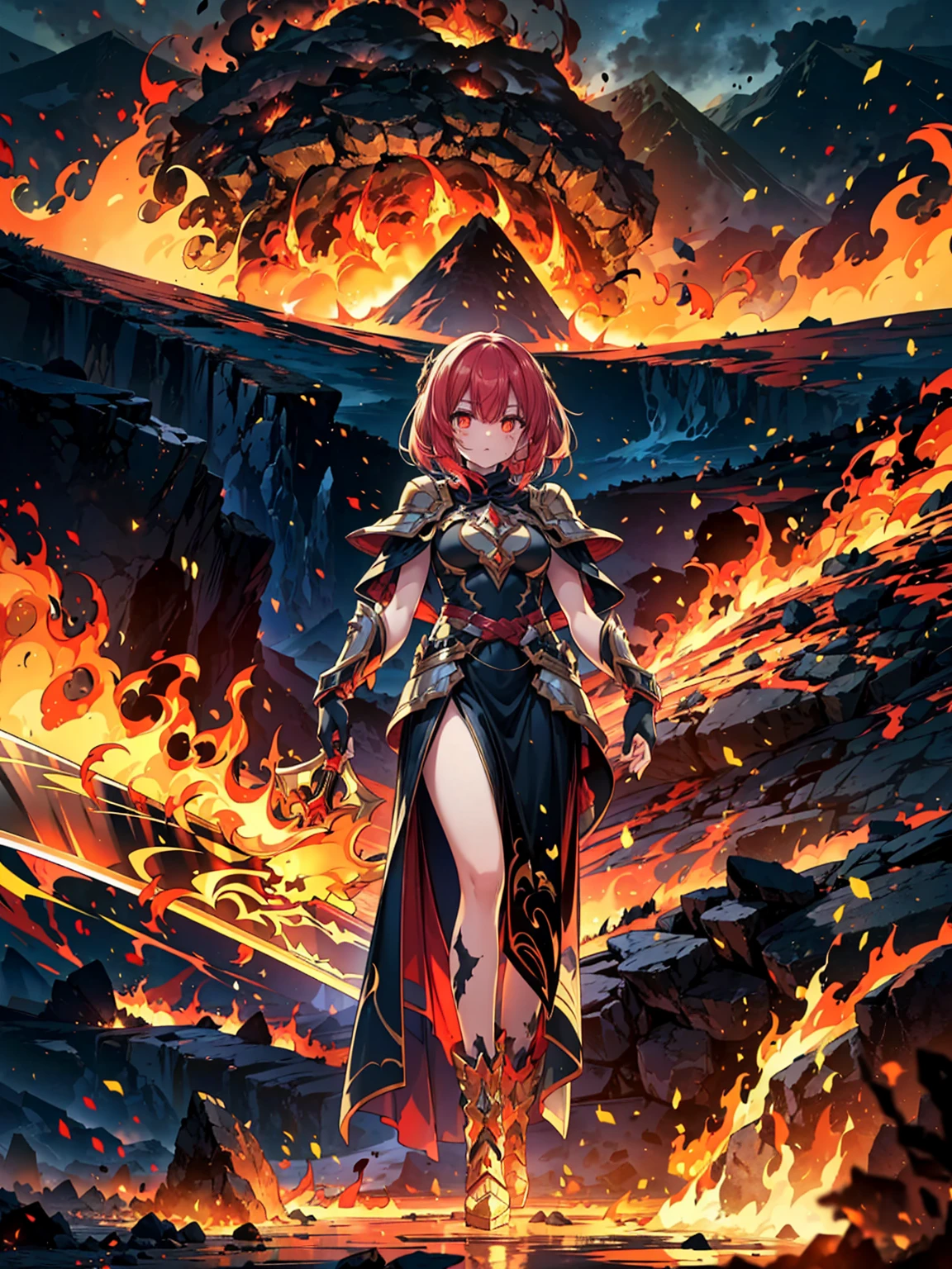 ((full body shot)) of a girl in regal, fire-themed armor with intricate gold and red details, standing in a blazing, volcanic landscape. She has long, flowing fiery red hair and intense, glowing amber eyes. Her skin has a warm, sun-kissed hue, and she is adorned with molten lava-like patterns. She holds a majestic sword engulfed in roaring flames, casting a bright, fiery light. The atmosphere is {intense|majestic}, with lava flows and embers illuminating the scene. The ground beneath her is cracked, molten earth, reflecting the intense light and adding to the fiery ambiance. Surrounding her are jagged rocks and bursts of flame in shades of {red|orange}, casting a fierce, incandescent glow. The background features towering volcanic peaks and a sky filled with ash and smoke, hinting at a powerful, fiery kingdom. The scene is dynamic and awe-inspiring, with her face showing a determined yet regal expression, her eyes focused intently on her blazing domain.

[Best quality], [Masterpiece], [Ultra-detailed], [4k], {intense|majestic} atmosphere, fiery kingdom, {dynamic pose|regal pose}, blazing illumination, {soft shadows|dramatic lighting}, {reflected light on molten earth:0.7}, {jagged rocks:0.6}, {bursts of flame:0.5}, {volcanic peaks:0.4}, {ash-filled sky:0.3}.