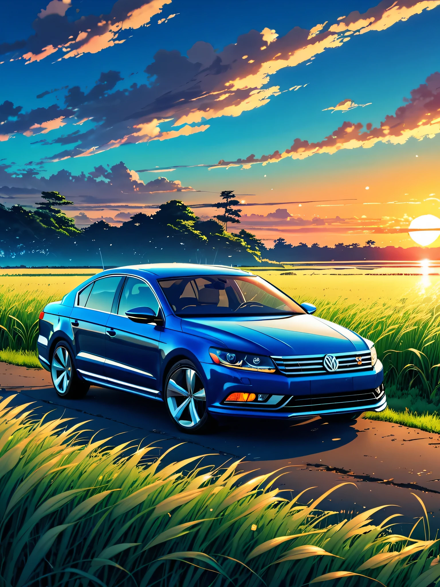 anime landscape of a classic Volkswagen Passat CC sports pearl super dark sea blue sitting in a field of tall grass with a sunset in the background.cute anime dinner, cute anime peace dinner, makoto shinkai cyril rolando, cute anime dinner, amazing wallpaper, 8K anime art wallpaper, anime background, artistic anime background, anime wallpaper 4k, 4k anime art wallpaper, 4k anime wallpaper art,