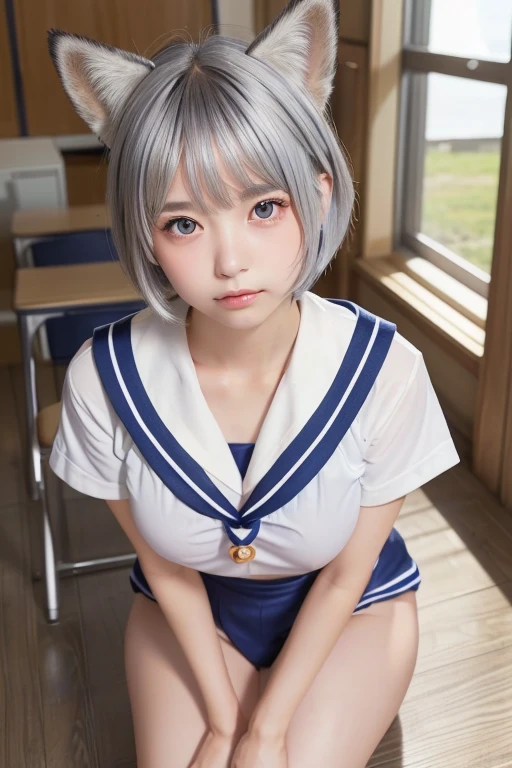 (Silver Hair))、((short hair))、Fox Ears、Japanese women、high school girl、(13 years old), Anatomically correct, Perfect Anatomy, very cute, beautiful, (Sailor suit:1.2), ((Embarrassing:1.3)), blush、(classroom、Sitting), (masterpiece、Highest quality:1.3)、Best lighting、High resolution、(8k, High resolution:1.2), (photograph, Realistic:1.2)、Cowboy Shot、((I can see your thighs))、The face is in focus、(concentrated, Symmetrical pupils:1.2)、beautiful肌、White skin、Natural Makeup、Gloss Lip, High-definition hair texture, (View your audience:1.2), (Multiple Angles:1.2), (Small breasts)、 (hug my chest)