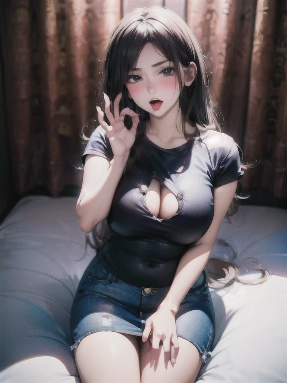 ((Highest quality)), ((masterpiece)), (detailed), One Girl,(Knee-length),Cosplay,Big Breasts,(White denim mini skirt),(Black shirt),(Open chest button),22-year-old woman,(Naughty look),((Excited expression)),Browsing Caution,nswf Japanese,(attractive appearance),atmosphere,Remote control rotor,pink remote control,blush,(Girl in a dark room),(A seductive expression as she stares at a man)
