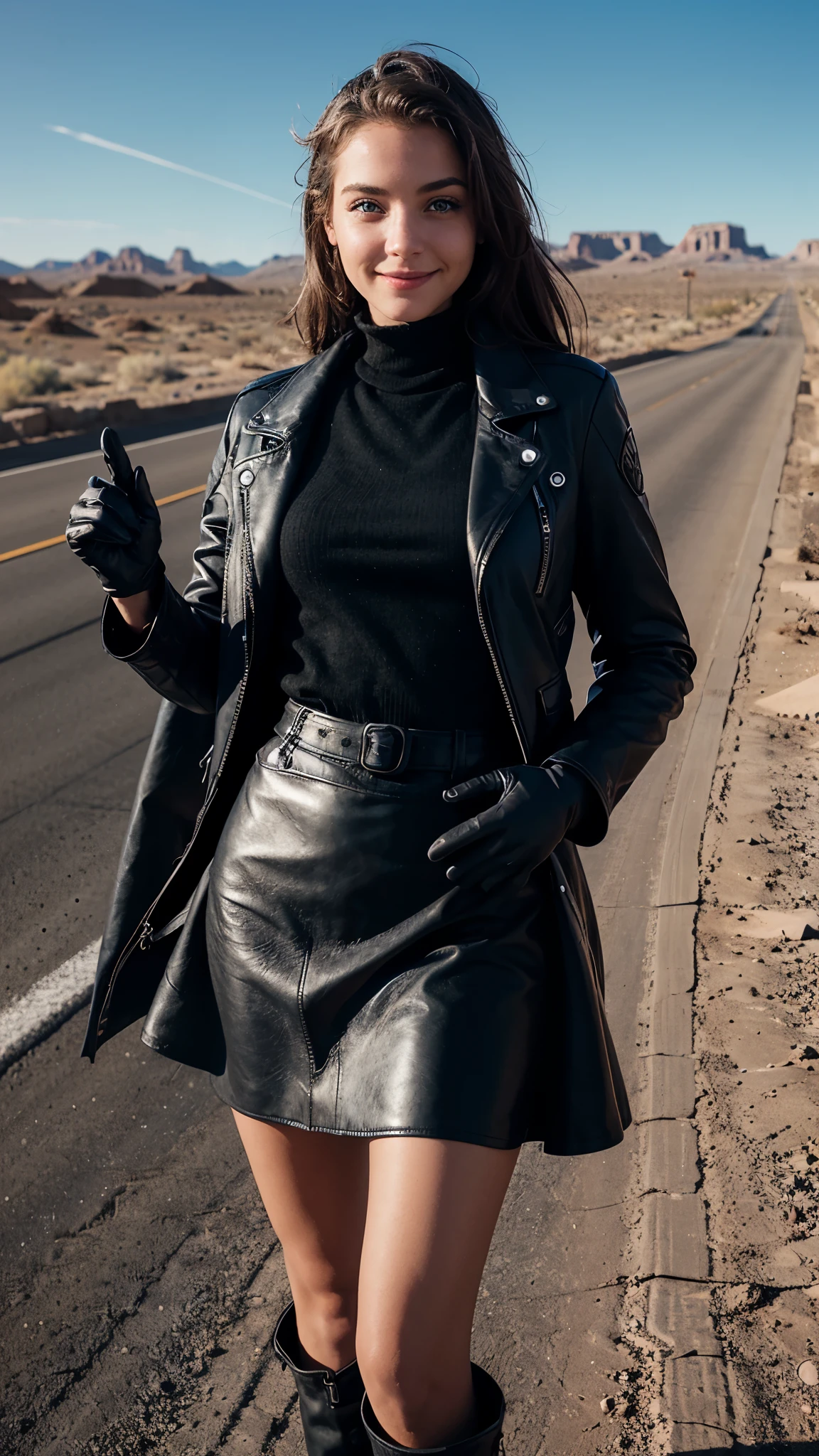 Smiling girl with blue eyes and black leather coat gloves and a skirt , on the highway, wasteland, arizona, lot 66, and the photo is taken from the front 4k, 8k hyper-detailed