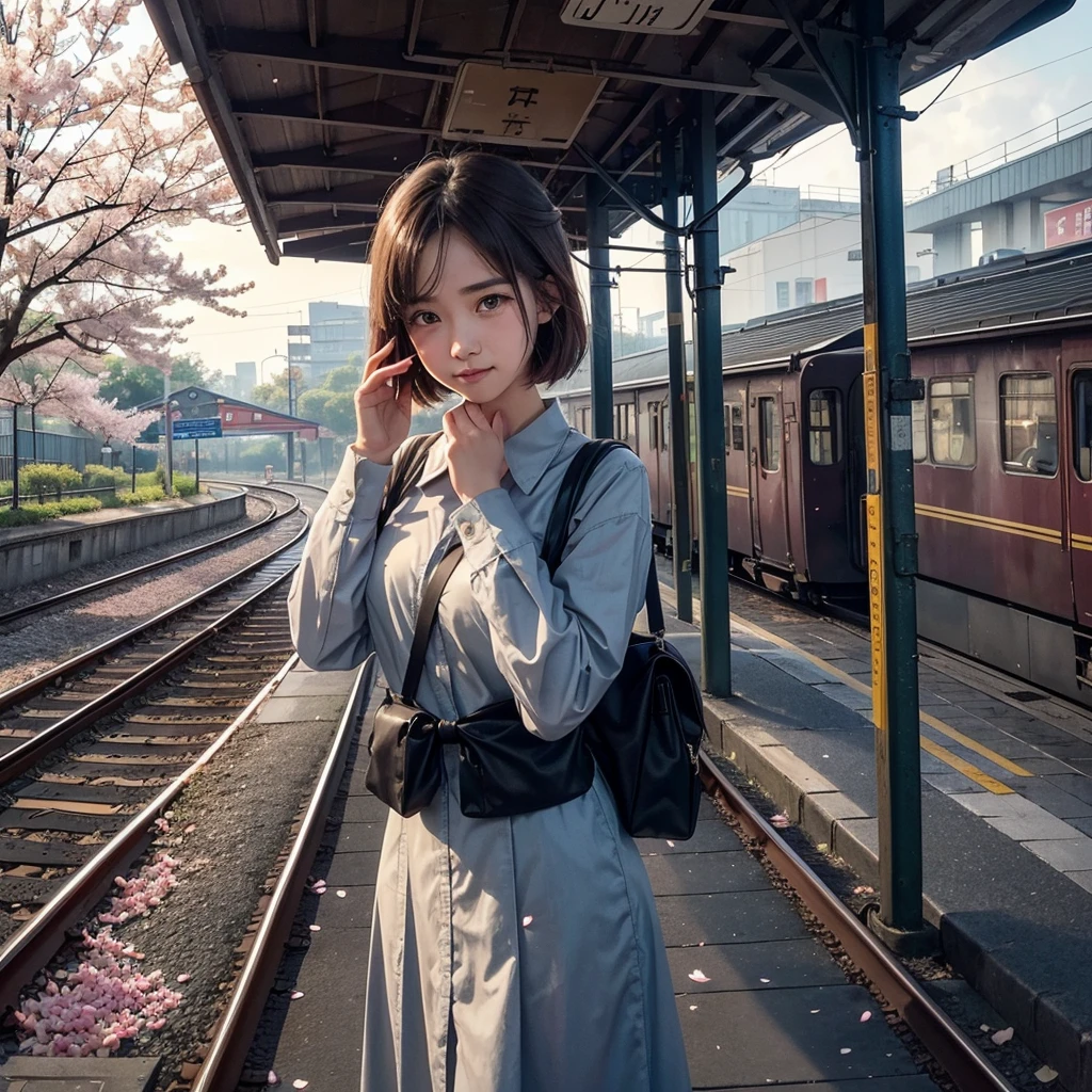 A melancholic scene of high school students saying goodbye at the train station. The sky is overcast, hinting at an impending rain. One student, with tears in their eyes, clutches a letter close to their chest. Another student stands with a sad smile, their hand raised in a hesitant wave. The station is slightly worn, with a nostalgic atmosphere. Background details include a distant train approaching, a few scattered cherry blossom petals on the ground, and the muted colors of the station signs. The overall mood is bittersweet, capturing the emotions of a heartfelt farewell.