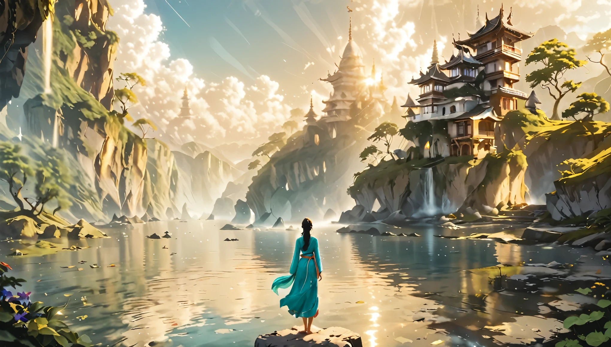 Namaste. Person meditating. Loose Clothes. dreamlike and fantasy world. Feeling of Fullness. details Intricate. cinematic lighting.