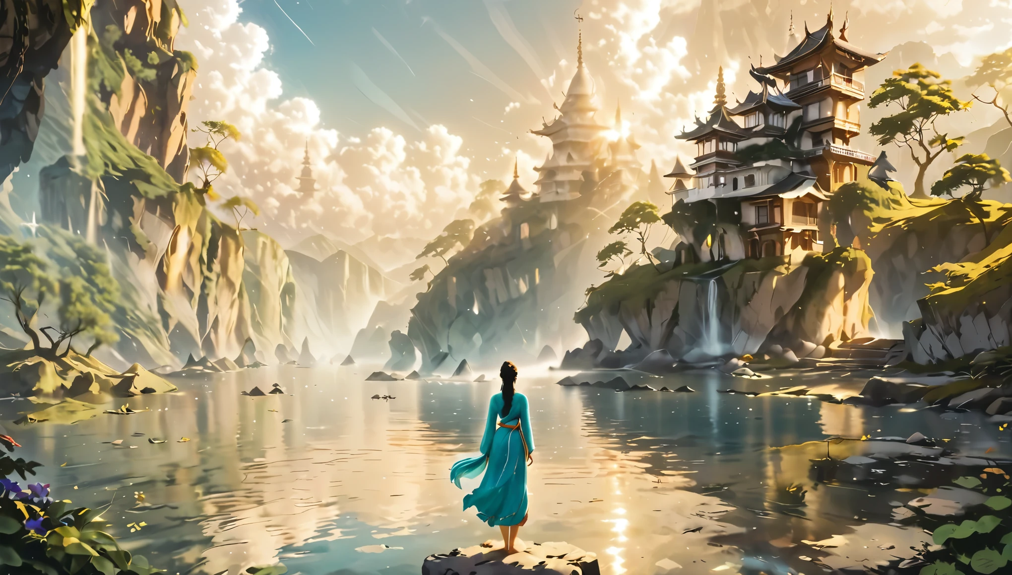 Namaste. Person meditating. Loose Clothes. dreamlike and fantasy world. Feeling of Fullness. details Intricate. cinematic lighting.