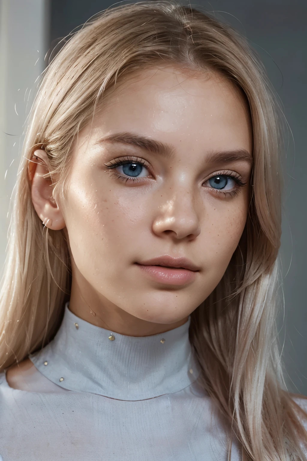 Describe a close-up portrait of a young woman with striking features. Focus on the following elements:

1. Hair: Describe the unique pastel pink to platinum blonde gradient, mentioning the style and how it frames her face.
2. Eyes: Detail the color (icy blue) and how they contrast with her complexion. Mention eyelashes and eyebrows.
3. Skin: Describe her clear complexion, noting the presence of light freckles across her nose and cheeks.
4. Facial features: Include details about her lips, nose, and cheekbones.
5. Expression: Convey the mood and direction of her gaze.
6. Attire: Mention any visible clothing, even if it's just at the edge of the frame.
7. Background: Describe the setting or background, even if minimal.
8. Lighting: Detail how the lighting enhances the portrait, particularly its effect on her hair color and skin tone.

The description should be vivid and detailed, capturing the ethereal and fashion-forward quality of the portrait while maintaining a professional tone