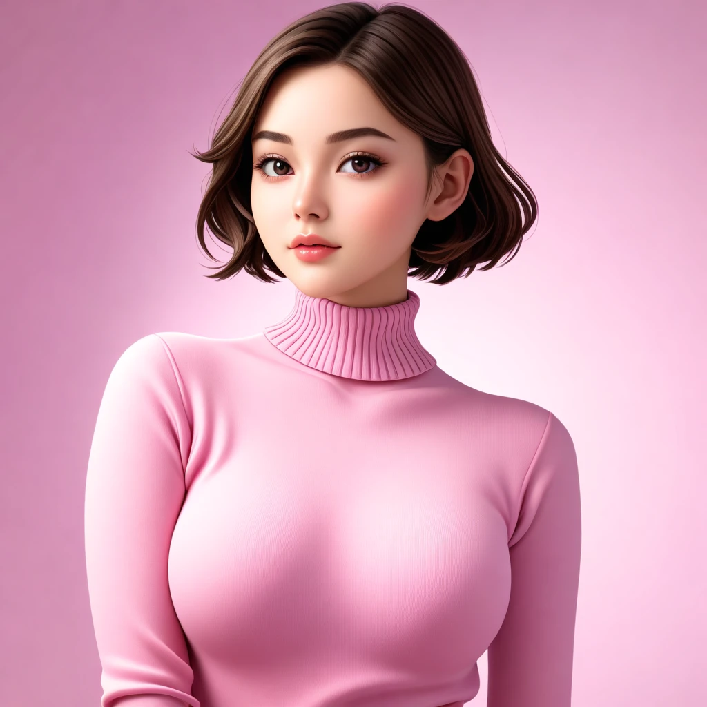 anime-style, young woman, medium-length brown hair, pink eyes, tight-fitting pink high-necked sweater, curvaceous figure, sweater partially lifted, matching pink bra, soft ambient lighting, smooth skin, glossy texture, minimalistic background, subtle shading, realistic shading and highlights, high detail, clean and polished look