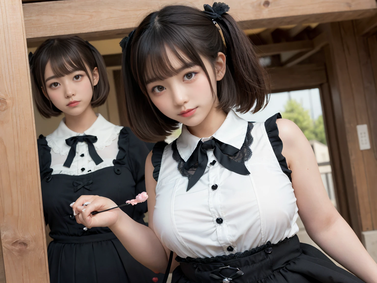 masterpiece, Highest quality, figure, Very detailed, The finer details, High resolution, 8k,wallpaper, Perfect dynamic composition,(Detailed high quality, Realistic depiction of eyes:1.3), (Three Girls),(Gothic ta fashion with tight buttons on the collar and chest), Seraphim, Short Bob Hair, The background is an empty changing room, Deep in the field, Black hair color, Big Natural Color Lip, (Perfect figure), (smile)、Harajuku Style、Elementary school girl in Japan:1.3), Adorable expression、Expressions of happiness、10 yd、height: 145cm、Baby Face、Amazingly cute、Cute type、Beautiful feet, Idol Sculpture、Big Breasts、whole body、Lift up your skirt and show off your panties