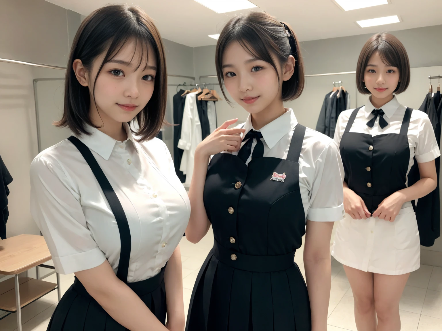 masterpiece, Highest quality, figure, Very detailed, The finer details, High resolution, 8k,wallpaper, Perfect dynamic composition,(Detailed high quality, Realistic depiction of eyes:1.3), (Three Girls),(A tight-fitting waitress uniform with buttons on the collar and chest), Seraphim, Short Bob Hair, The background is an empty changing room, Deep in the field, Black hair color, Big Natural Color Lip, (Perfect figure), (smile)、Harajuku Style、Elementary school girl in Japan:1.3), Adorable expression、Expressions of happiness、、height: 145cm、Baby Face、Amazingly cute、Cute type、Beautiful feet, Idol Sculpture、(Changing clothes in the changing room:1.5)、(In the process of taking off clothes:1.5)
