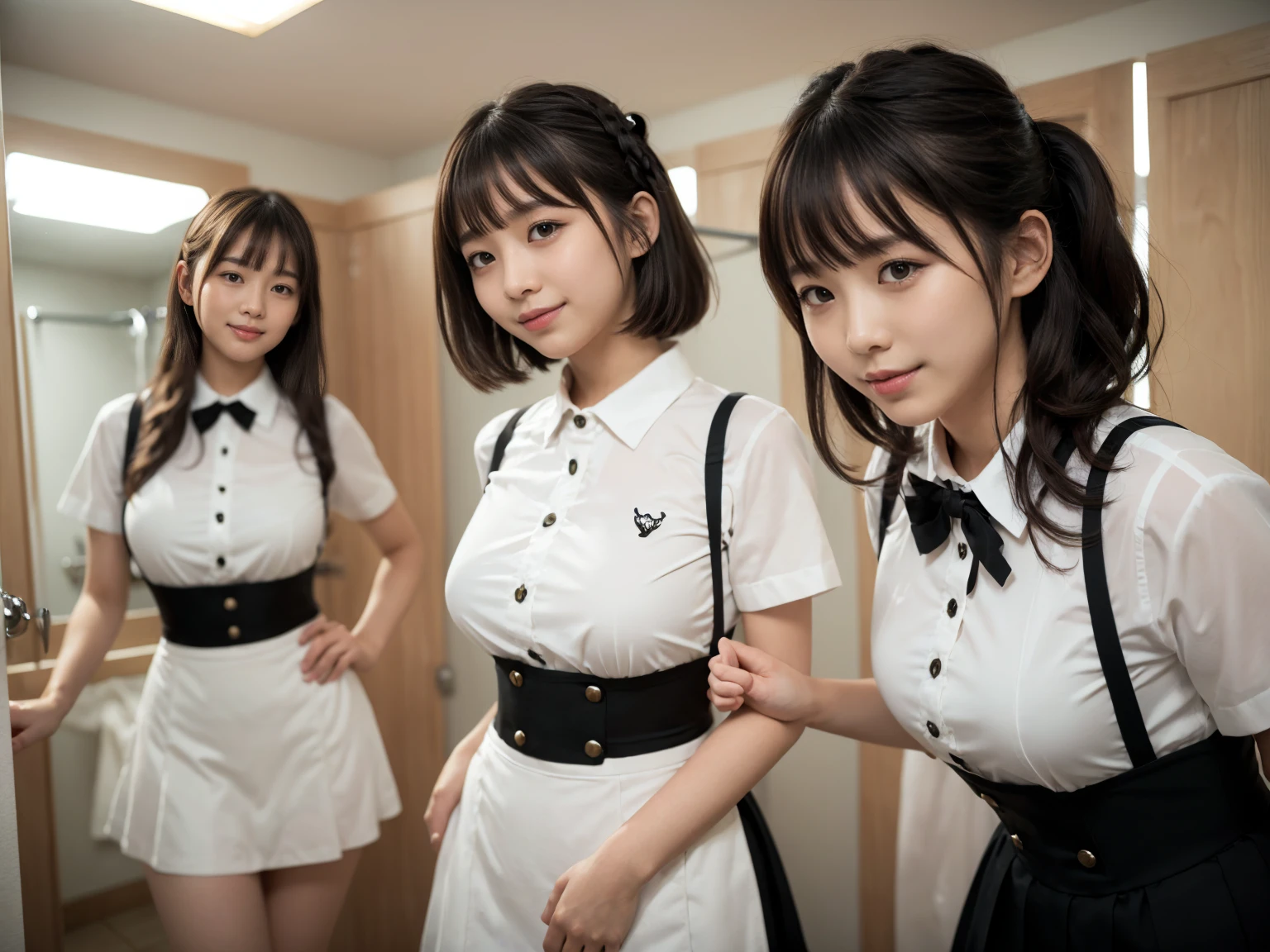 masterpiece, Highest quality, figure, Very detailed, The finer details, High resolution, 8k,wallpaper, Perfect dynamic composition,(Detailed high quality, Realistic depiction of eyes:1.3), (Three Girls),(A tight-fitting waitress uniform with buttons on the collar and chest), Seraphim, Short Bob Hair, The background is an empty changing room, Deep in the field, Black hair color, Big Natural Color Lip, (Perfect figure), (smile)、Harajuku Style、Elementary school girl in Japan:1.3), Adorable expression、Expressions of happiness、10 years old、height: 145cm、Baby Face、Amazingly cute、Cute type、Beautiful feet, Idol Sculpture、(Changing clothes in the changing room:1.5)、(In the process of taking off clothes:1.5)