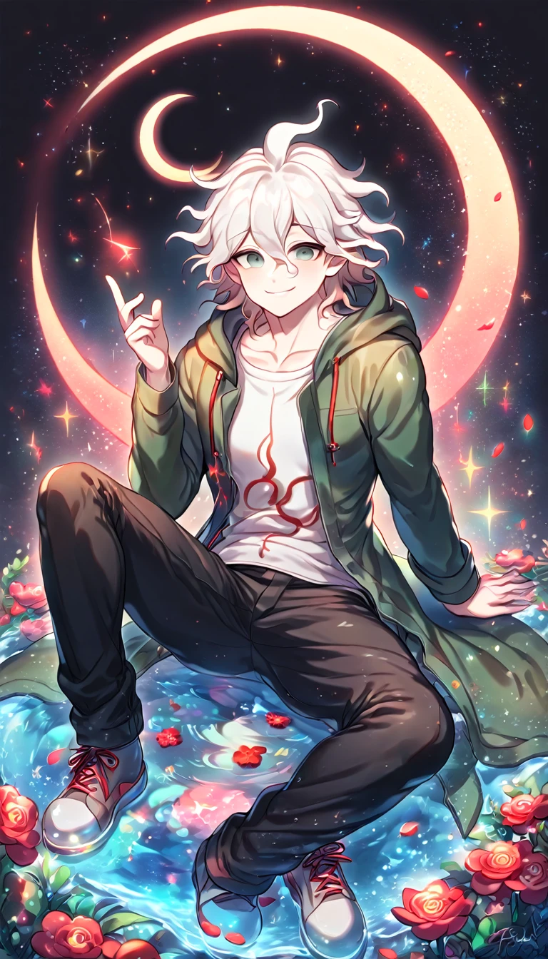 absurdres, highres, ultra detailed, HDR, master piece, Komaeda Nagito, white hair, expressive light green-grey eyes, green long coat with hoodie, white shirt, black pants, grey shoes, Danganronpa, sexy man sitting, handsome, best quality, red glittering crescent moon, red flowers, fantasy, magical, solo, water, red shining fireflies, red petals, sensual, horny, manly man, handsome smile,