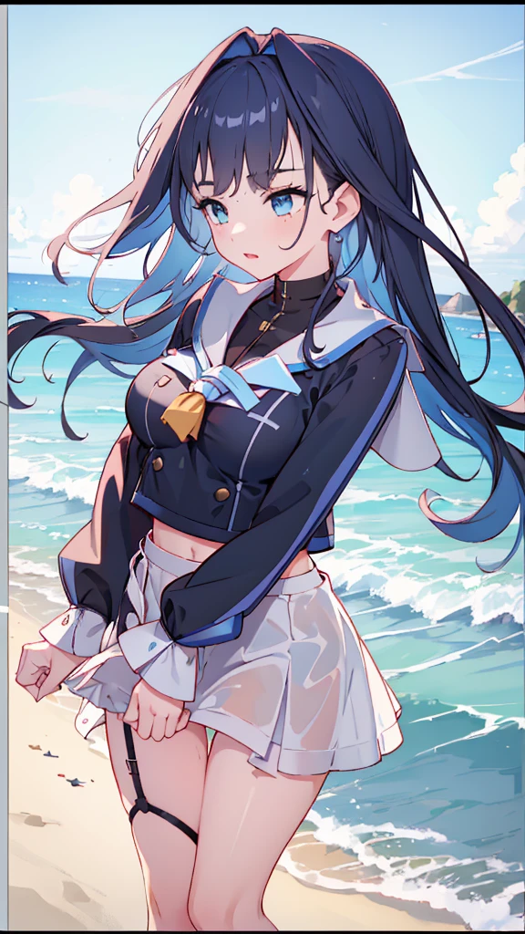 ((Clothing wetness: 1.4)), ((Underwear visible)), (Sailor suit), (Sheer skirt), Sunny blue sky, beach, (Perfect hands), (Perfect anatomy), (Perfect body structure ), ((2 arms)), ((2 legs)), ((Masterpiece, Best quality, High resolution, Ultra high resolution, Perfect pixels, Burned border depth, 4K, Super detailed)), HDR, Studio lighting, Sharp focus, Bright colors, Portrait, Warm tones, Soft lighting, standing,