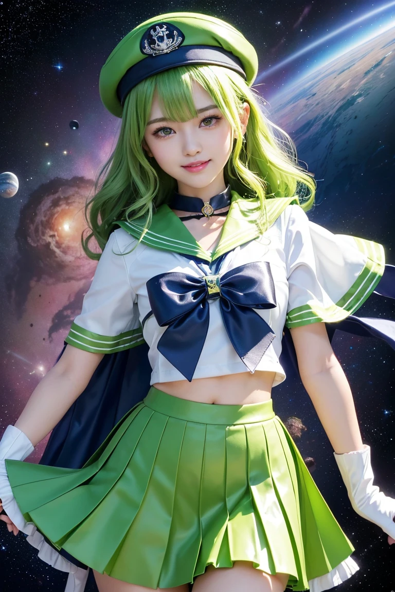 (((Lime green hair、Medium Curly Hair、beret)))、(((A -yeld Jaese girl wearing a shiny short-sleeved sailor uniform with elbow gloves and a cloak over it.,smile)))、(((Lime Green Latex Sailor Collar)))、(((Lime Green Latex Pleated Skirt)))、choker、Earrings、ribbon、((belly button))、 (((Sailor Warrior Uniforms)))、、Beautiful ornaments: 美しいPerfect Face, Soft Skin、Perfect Face, Intricate details, Splash screen, 8k resolution, masterpiece, Cute Face、(((Space Background)))、Queen of Queens、(masterpiece, Highest quality, Highest quality, Official Art, Beauty and aesthetics: 1.2), (One girl: 1.3)