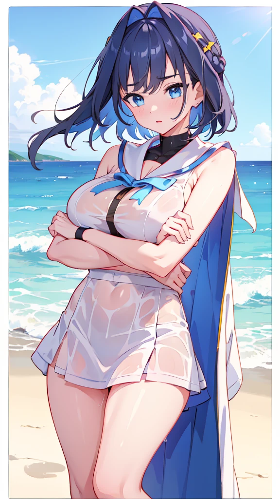 ((Clothing wetness: 1.4)), ((Underwear visible)), (Sailor suit), (Sheer skirt), Sunny blue sky, beach, (Perfect hands), (Perfect anatomy), (Perfect body structure ), ((2 arms)), ((2 legs)), ((Masterpiece, Best quality, High resolution, Ultra high resolution, Perfect pixels, Burned border depth, 4K, Super detailed)), HDR, Studio lighting, Sharp focus, Bright colors, Portrait, Warm tones, Soft lighting, standing,