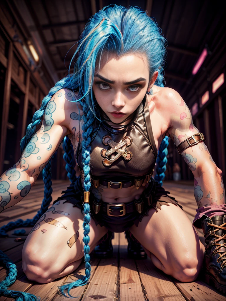 ((Jinx wears a Harajuku Tech costume), tousled hair, ( atmosphere:1.2), laying down, spread legs, combat boots