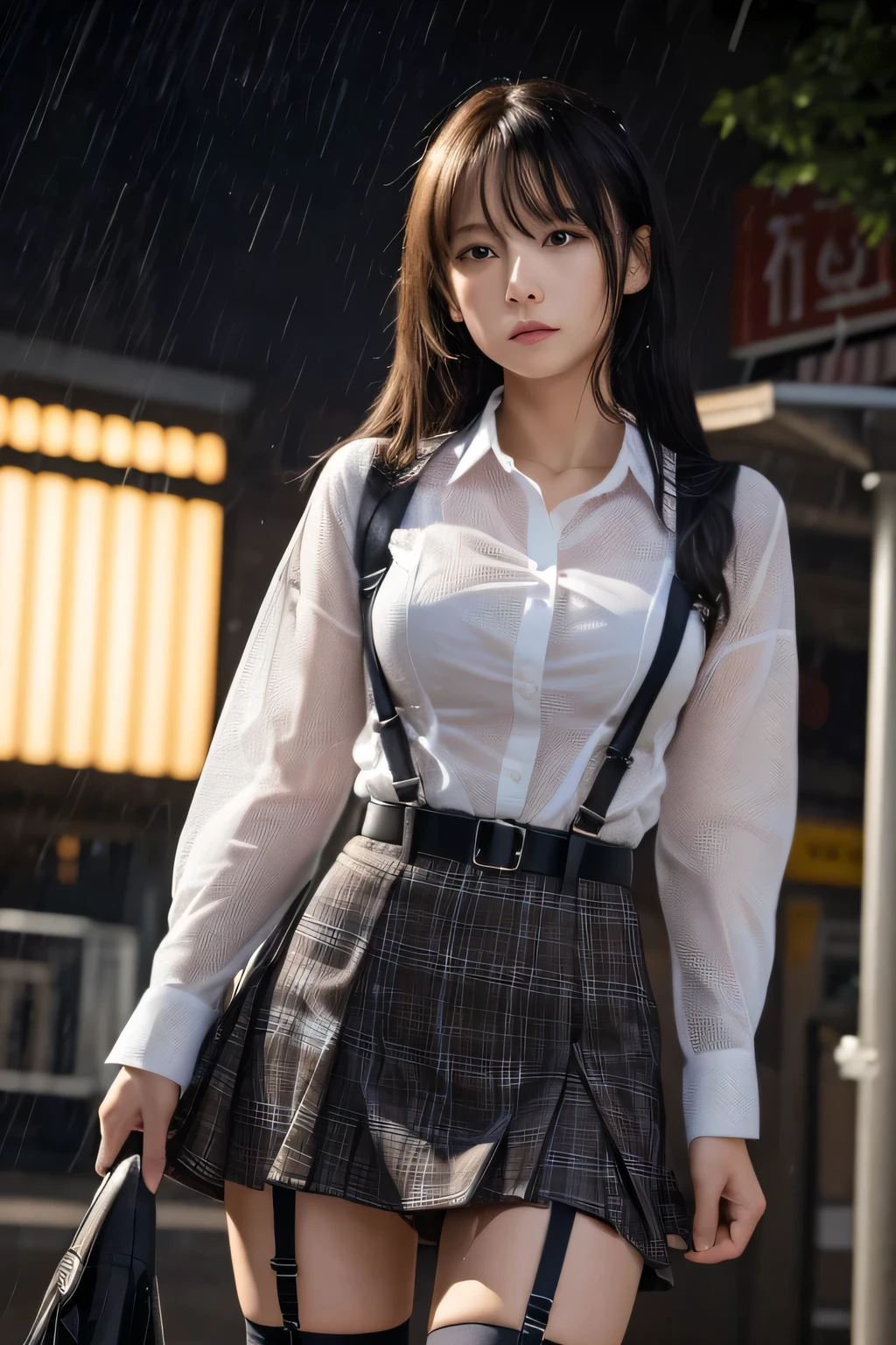 1 female, , high quality, masterpiece, Ultra-high resolution, Cinema Lighting, 1 female, , high quality, masterpiece, Ultra-high resolution, , Cinema Lighting, suspenders Moderate breasts Small face Looking up Sweat Thin belt buzzer 脇Sweat Garter belt Belt on pants holster Hands behind your back Looking up Anxious face Knee-high Knee socks Knee-highソックス garter ふとももにGarter belt Checkered mini skirt Panty shot Skirt gap Armament holster holster Hands behind your back Anxious expression Anxious face, legs apart Armament Leg holster holster See-through clothing heavy rain Rain-soaked dress shirt,