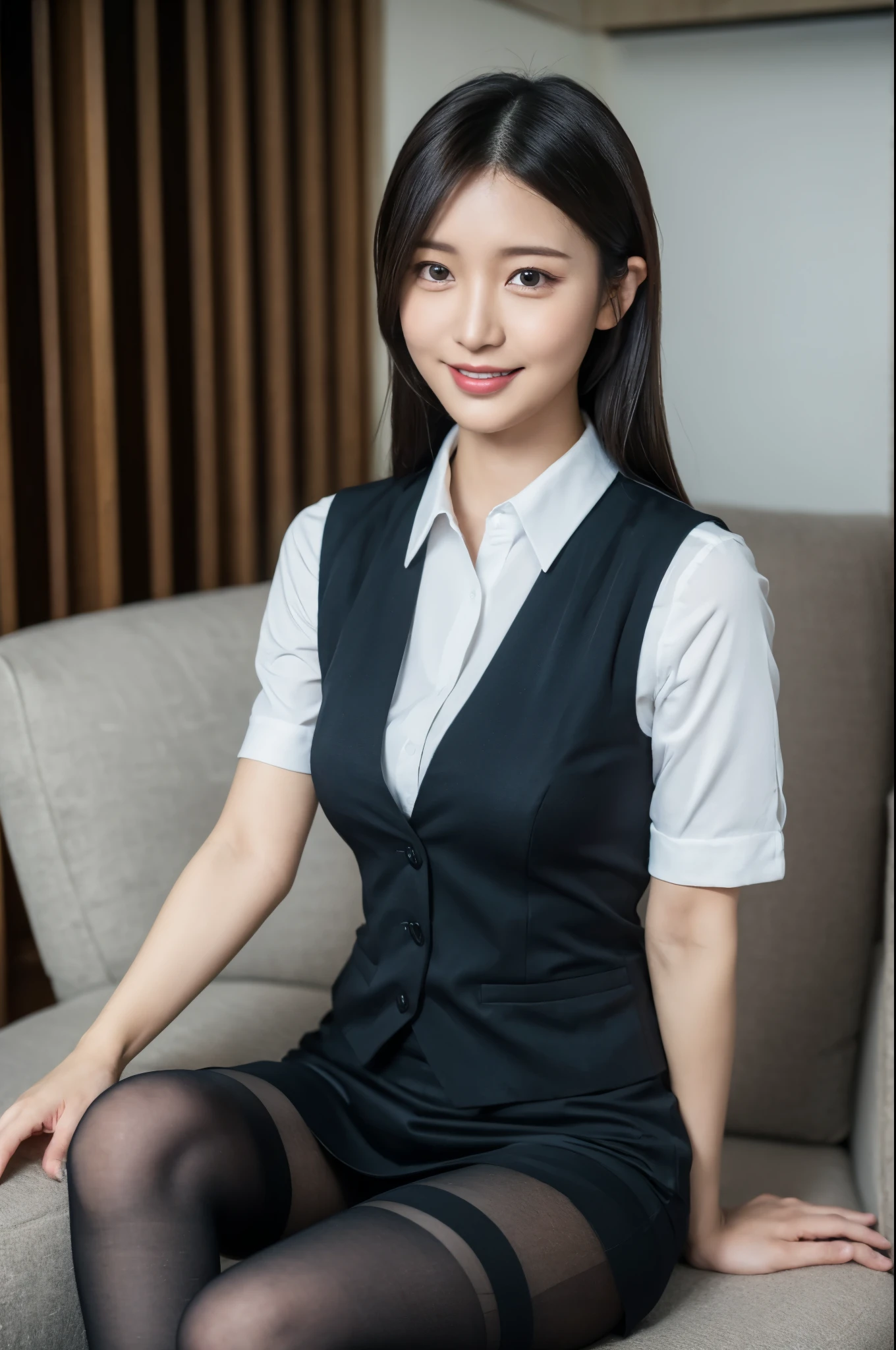 There is an office lady sitting cross-legged on the sofa, (Wearing pantyhose,Realistic Pantyhose)、Skirt and thighs、wearing a vest、White ultra-thin shirt、in a strict suit, Poses variadas, 30 year old female, 3 0 years old woman, 165 cm tall, Full legs、A smile、Raw photo, (8K、top-quality、masterpiece:1.2)、(intricate detailes:1.4)、(Photorealsitic:1.4)、octane renderings、Complex 3D rendering ultra detail, studio lights, Rim Lights, vibrant detail, super detailing, realistic skin textures, Detail Face, Beautiful detail eyes, Very detailed CG Unity 16k wallpaper, make - up, (detailedbackground:1.2), shinny skin、Exposed thighs!!!、