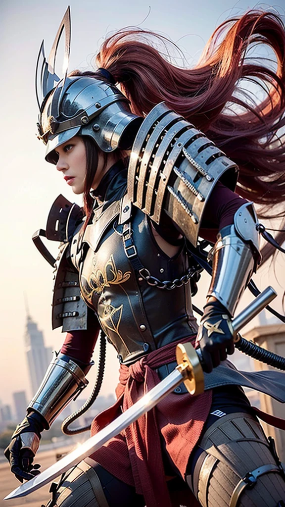 (Highest quality,High resolution,masterpiece:1.2),(mechanical:1.4,Hydraulic cylinder:1.2),Samurai Armor,Japanese sword,beautiful girl,ponytail,Pink Hair,Realistic,photoRealistic:1.37,photo shoot,Very detailed,hyper-Realistic textures,whole body,battlefield