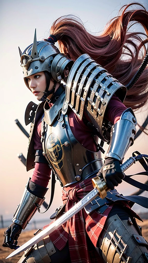 (Highest quality,High resolution,masterpiece:1.2),(mechanical:1.4,Hydraulic cylinder:1.2),Samurai Armor,Japanese sword,beautiful girl,ponytail,Pink Hair,Realistic,photoRealistic:1.37,photo shoot,Very detailed,hyper-Realistic textures,whole body,battlefield