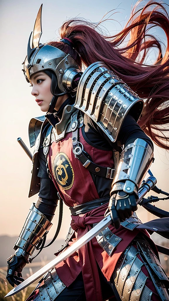 (Highest quality,High resolution,masterpiece:1.2),(mechanical:1.4,Hydraulic cylinder:1.2),Samurai Armor,Japanese sword,beautiful girl,ponytail,Pink Hair,Realistic,photoRealistic:1.37,photo shoot,Very detailed,hyper-Realistic textures,whole body,battlefield