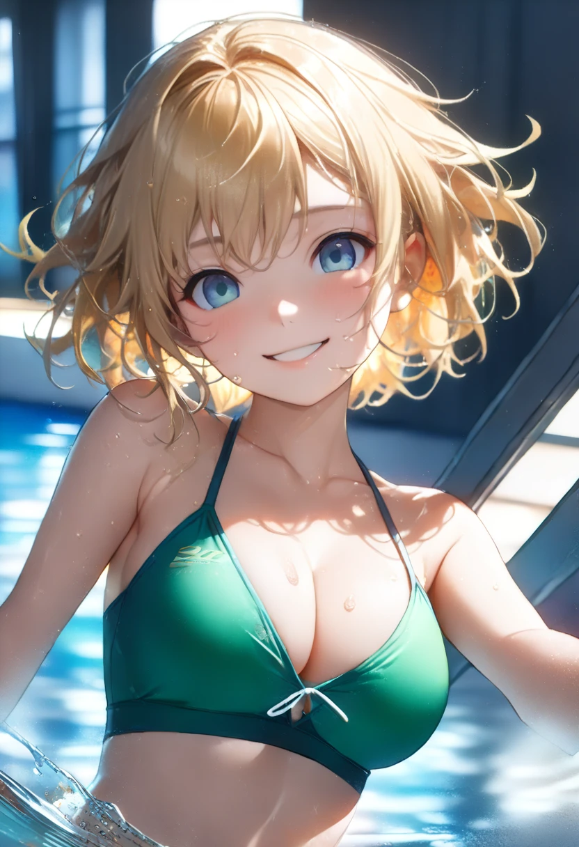 ((((Close-up angle from below))))(((,))) solo,( ((Breast enlargement)))、((((smile,)))) (((Emphasize cleavage、)))((((wearing a green and white swimsuit、))))((((Various poses、))))((Hair bundle))、A sexy masterpiece with wet hair, Highest quality, Realistic, Ultra-detailed, (Glowing Skin, sweating: 1.4), View your viewers,((((blonde very short hair))))((((blue eyes, ))))thin, Dynamic light and shadow, High resolution, Sharp focus, Depth of written boundary, I narrowed my eyes., Sharp pupils, Realistic生徒, (Small breasts: 1.6), (Thigh Thickness: 1.0), Indoor swimming pool, ai-generated,