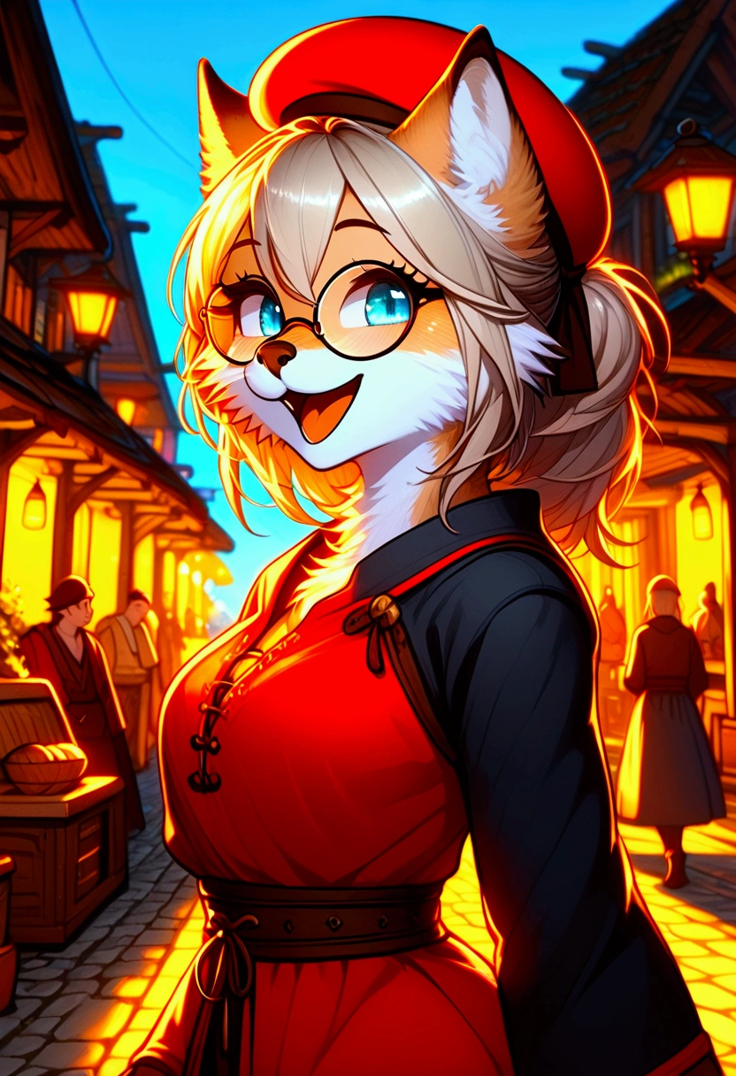 Furry fox, solo, red fur, smooth fur, bottom and side view, woman, happy, dressed in a long red dress, on her head a red beret with a small pompom, round-framed glasses, a beautiful umbrella, spinning on the street, French street, not high houses, morning, bright lighting, clear weather, paw beans, excellent quality, depth of field