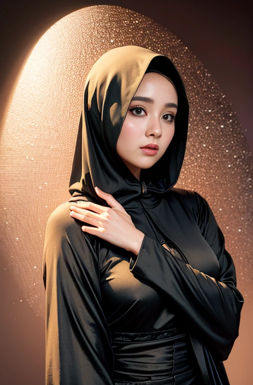 RAW photo of a 24 year old girl wearing hijab, satin abaya, satin, hijab face portrait, neutral background, 8k uhd, dslr, soft lighting, high quality, film grain, Fujifilm XT3, covered dress, decent dress,
