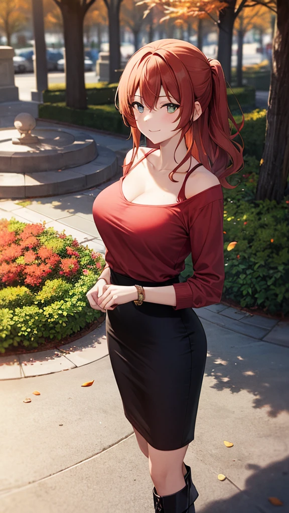 masterpiece, best quality, high detail, 1girl, beautiful woman, wavy hair, light brown hair, low ponytail, messy hair, hair ornament, large bust, red winter jacket, black maxi pencil skirt, long black skirt:1.3, boots, bracelet, collarbone, autumn, trees, leaves on ground, park, garden, stone, sidewalk, upper body, looking at viewer, light smile, atmospheric, moody