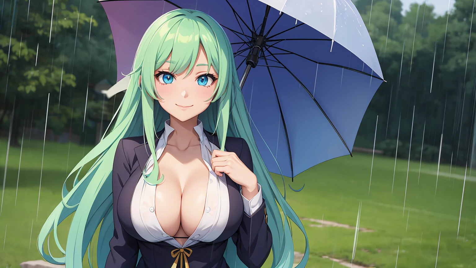 anime girl with umbrella in the rain, anime art wallpaper 4k, anime art wallpaper 4 k, anime style 4 k, anime wallpaper 4 k, anime wallpaper 4k, 4 k manga wallpaper, anime art wallpaper 8 k, 4k anime wallpaper, anime wallaper, beautiful anime high school girl, beautiful anime art style, hd anime wallaper, beautiful anime, long green hair, blue eyes, big breast, large breast, shy smile, bright color