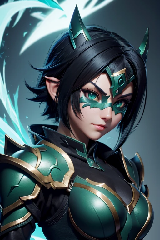 blue light effect, dynamic light effect,anime girl, black hair, green dragon mask, armor
