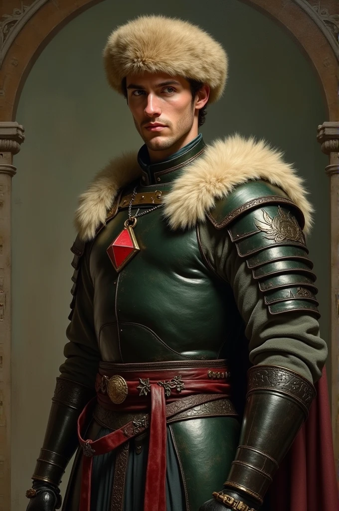{{Masterpiece, best quality, oil painting, by Franz von Stuck, male focus, muted colors}}, the composition is: (((a dramatic half body portrait of a 20 years old ancient Roman soldier, sexy, magnificent, wearing a beige Russian fur hat, he is wearing a red diamond shape pendant))). ((((He is wearing a dark green lorica armor made of velvet, alligator leather, with ronin inspired elements, Slavic inspired elements, wearing a satin sash))).