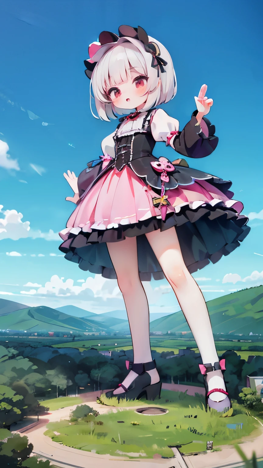 Concept Art, Beautiful anime scene, Beautiful anime scenery, Highest quality, 32K resolution，Full body photo of the girl，Silver Hair, Red eyes, Bobcut, (look forward to), (surprised), (blush), Android, Very small girl type, Very short stature，Thin thighs，A cute pink gothic lolita dress with frills，Mecha Girl, Outdoor, Dynamic pose, rampage, GTS, Giant，